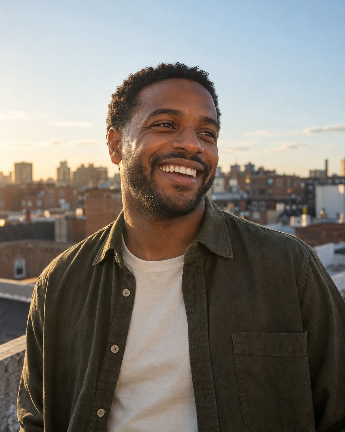 A candid rooftop portrait in warm evening light