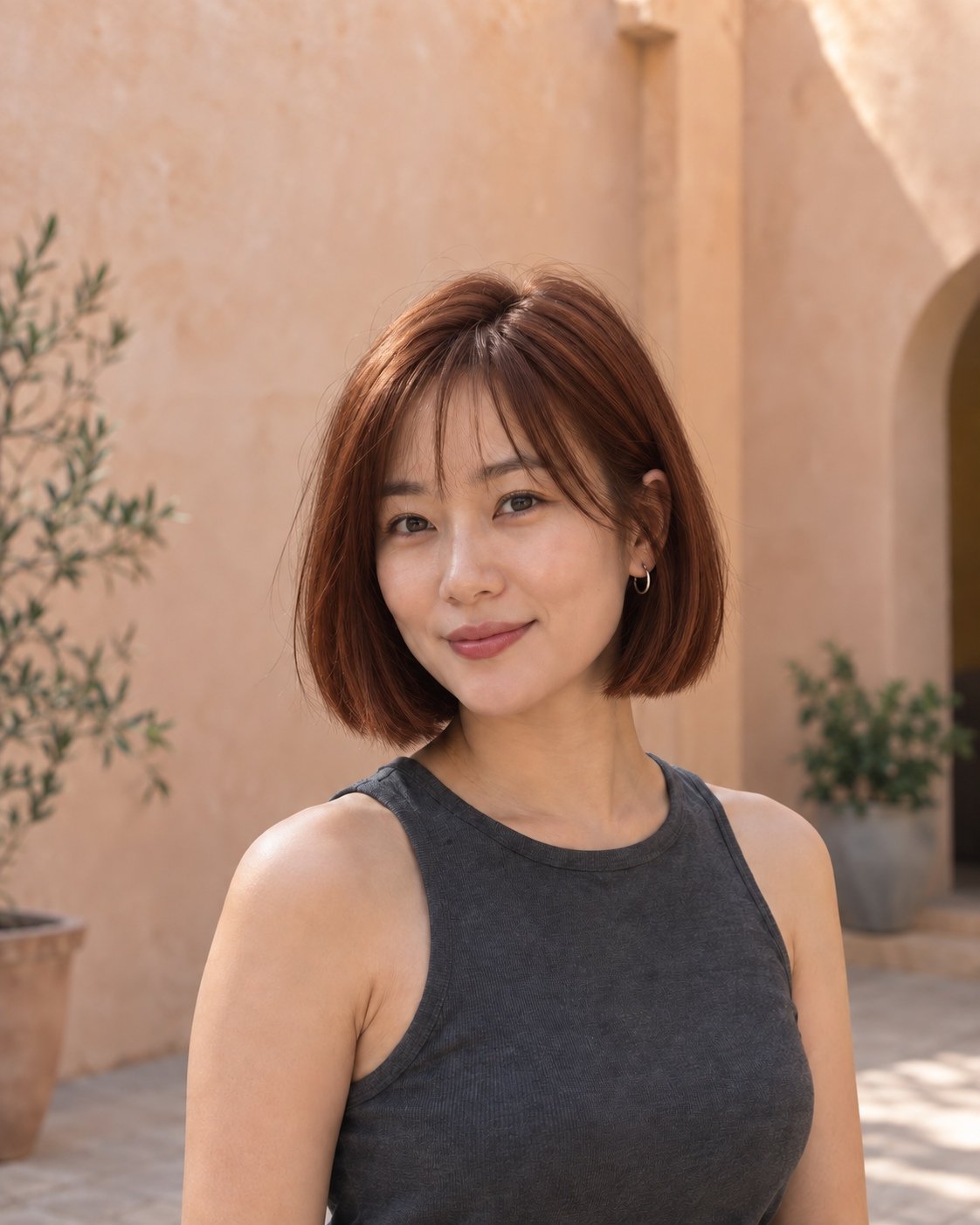 Copper hair-color edit on a woman with a bob in a peach courtyard