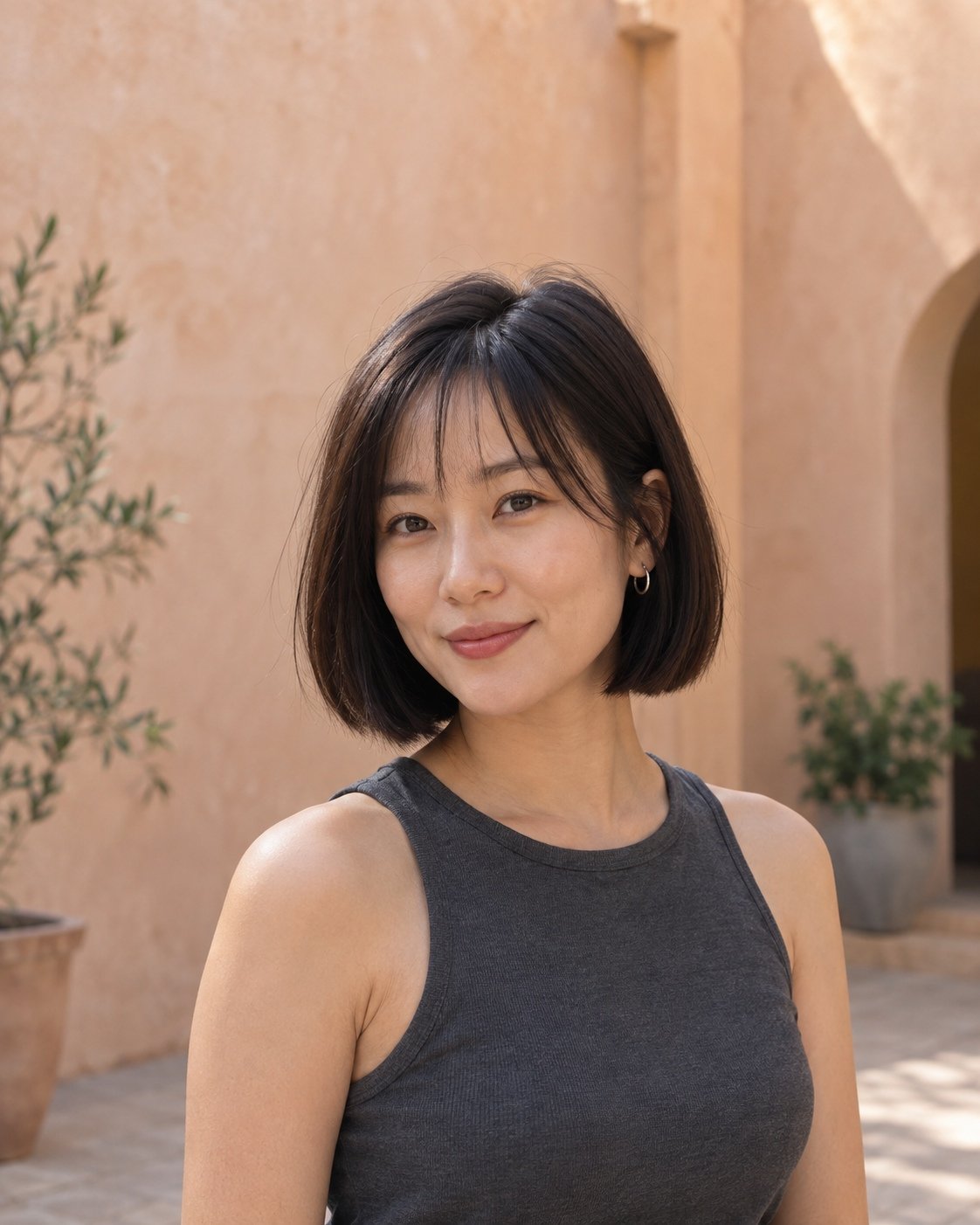 The same woman with her original dark bob