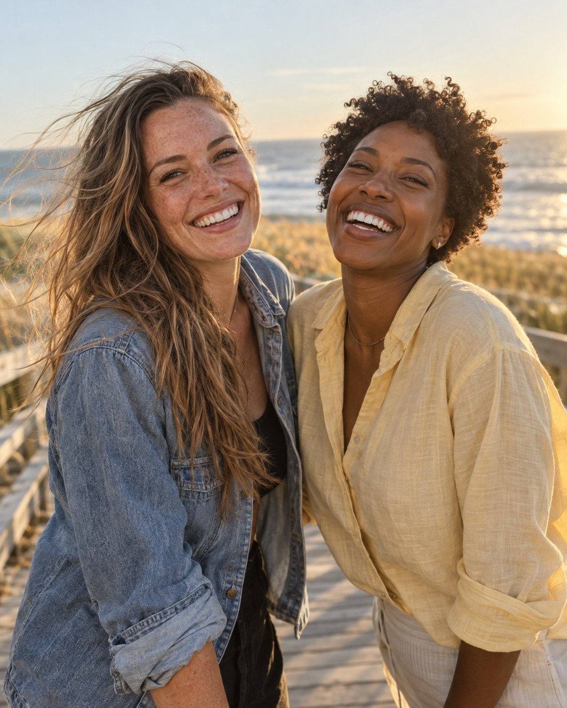 Two friends laughing together on a beach boardwalk